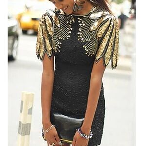 Laurence Kazar Vintage 80s 90s Party Embellished Beaded Silk Short Sleeve  Dress
